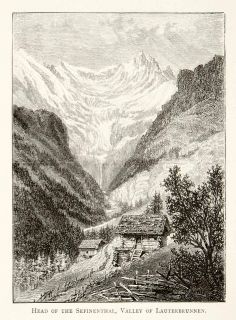 1891 Wood Engraving Lauternbrunnen Alps Mountain Switzerland River
