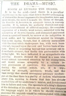 EDWIN BOOTH AS RICHARD THE SECOND REVIEW REPORT 1875 NEWSPAPER
