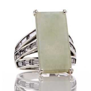 Jade of Yesteryear Green Jade and 3 Row CZ Sterling Silver Ring