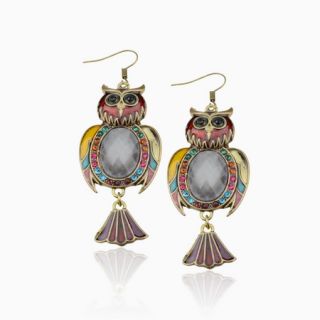 Amazing CZ Gem Enamel Owl Retro Copper Vtg SW Crystal Dangle Earrings