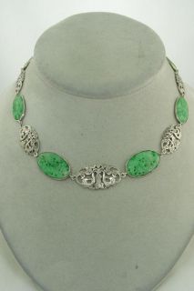 VINTAGE ART DECO CHINESE STERLING SILVER CARVED JADE NECKLACE