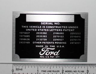Ford Serial Number Data Plate Engine Identification Tag Patent Plate