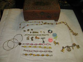 Vintage Costume Jewelry Lot Wood Engraved Jewelry Box Charms Swank