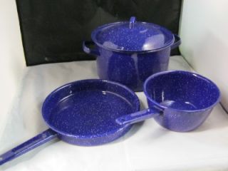 Blue White Graniteware 4 Piece Camp Cookware Set Kettle Saucepan