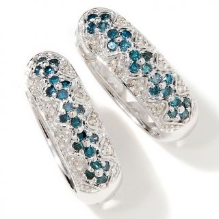 1ct Blue and White Diamond Oval Sterling Silver Hugger Hoop Earrings