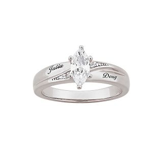 Marquise CZ Solitaire and Diamond Accented Name Engraved Wedding Ring