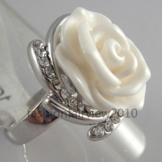 New White Gold GP Swarovski Crystal Ivory White Rose Cocktail Ring