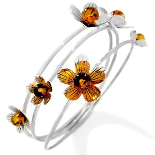 Age of Amber Set of 3 Amber Flower Sterling Silver Bangle Bracelets