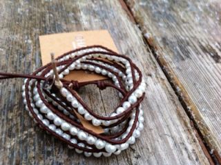 chan luu white pearl wrap bracelet on brown leather