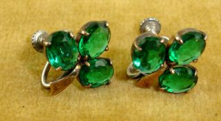 Antique Sterling Faux Emerald Screw Back Earrings