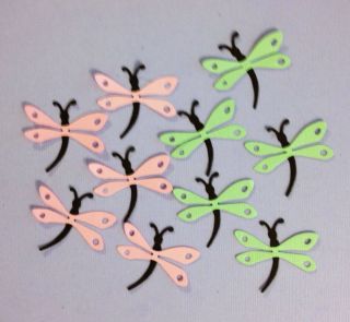 LIGHT SAGE AND PINK DRAGON FLIES. DIE CUT AND HAND EMBELLISHED