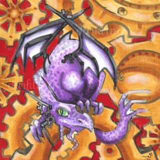 Purple Steampunk Big Eye Dragon Original Fantasy Art Acrylic Wood