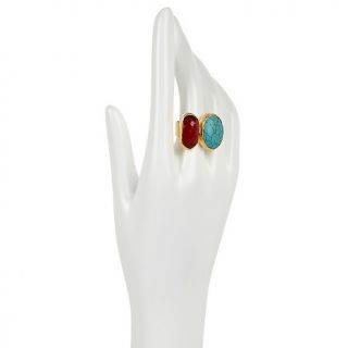 Universal Vault Red and Turquoise Color Two Stone Goldtone Ring