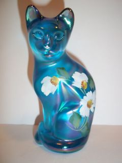Fenton Glass CELESTE BLUE STRETCH CARNIVAL STYLIZED CAT HP White