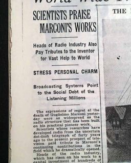 Marchese Guglielmo Marconi Death Radio 1937 Newspaper