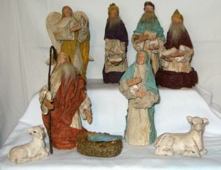  Paper Mache and draped Fabric Handmade Christmas 10 piece Nativity Set