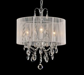 WHITE FABRIC SHADE CRYSTAL HANGING CHANDELIER PENDANT LIGHTING FIXTURE