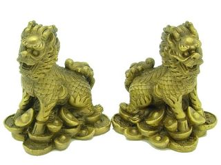 Pair of Feng Shui Brass Chi Lins Sitting on Treasures