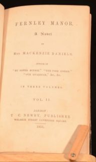 1851 2vol Fernley Manor Mrs Mackenzie Daniels Fiction Very Scarce