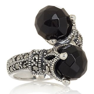 Tillie Black Agate and Marcasite Sterling Silver Bypass Ring