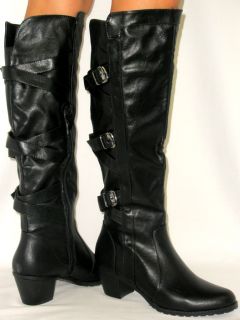 Tall Riding Boots Sexy Buckle Boots Low Stacked Heel Faux Fur Lined