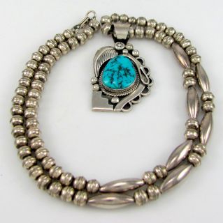 ERVIN TSOSIE Navajo Sterling Silver Morenci Turquoise Beaded Necklace