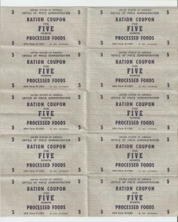  War Two Ration Coupons for Processed Foods Sheet of Five Points