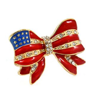  American Flag Crystal Rhinestone Ribbon Bow Stretch Ring Gold
