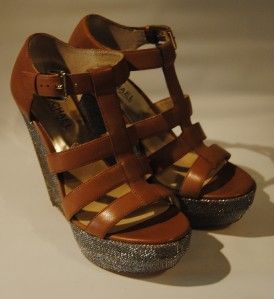 Michael Kors Faye Wedge Tan Leather Sparkly Wedge High Heel New Size