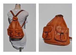 Vintage Etienne Aigner Tan Leather Backpack Hand Bag 70s 80s Boho