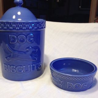 Pieces Longaberger Blue Mulligans Dog Dish / Bowl & Dog Biscuit Jar