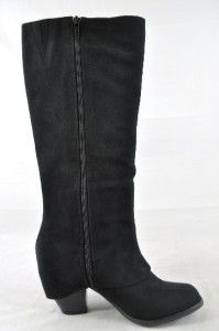 Fergalicious Lucy Black Faux Suede Knee High Stacked Heel Boot Fringe