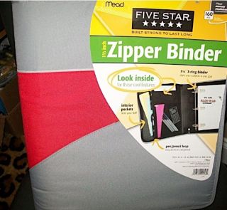New Five Star Zipper Binder 1 1 2 inch 3 Ring Red Gray