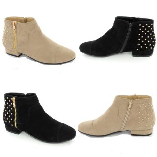 New Womens Ladies Flat Ankle Boots Booties Semi Studded Double Zip