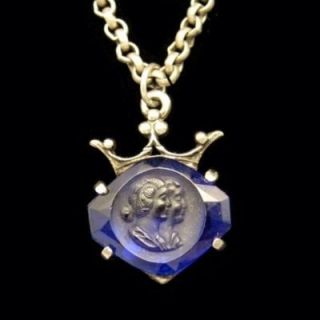 Vintage Dual Cameos Blue Carved Glass Royal Crown Pendant Necklace