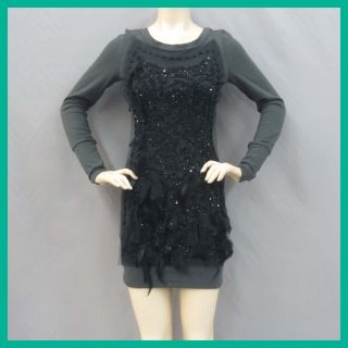 Foley Corinna Womens Beaded Feather T Shirt Dress Grey Black XS $495