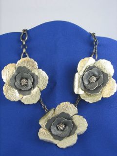 Fossil Brand Black Gray Silver Leather Flower Necklace