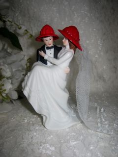Beautiful Fireman Groom and Firewoman Bride Cake Topper