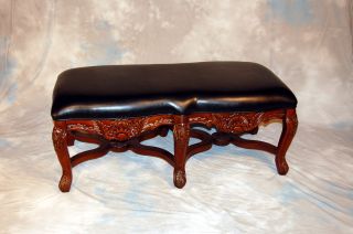 Hand Carved Faux Leather Solid Mahogany Wooden Bench