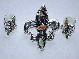 Fleur de Lis Gemstone Pin/Brooch & Pierced Earrings Set