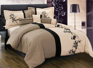 7pcs Brown Cream Black Floral Linen Comforter Set Bed in A Bag Queen