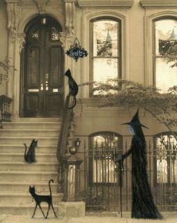  Painting Cat Witch Brownstone Gothic Folk Art Artist Terri Foss