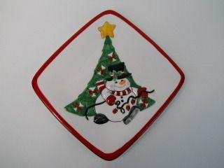 Fitz and Floyd Snowman Christmas Tree Cheers Snack Serving Plates