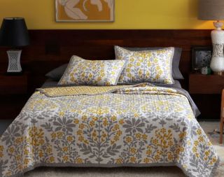  Mandala Full Queen Quilt Coverlet Yellow & Gray NEW Modern Bedding