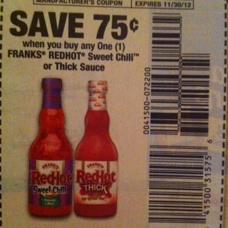 20 Coupons 75 1 Franks Redhot Sweet Chili or Thick Sauce 11 30 12 Free
