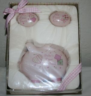 BABY FIRST TOOTH CURL PIGGY BANK GIFT SET NEW IN BOX GIRLS PINK