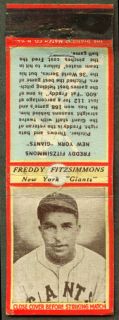 Freddy Fitzsimmons New York Giants Matchcover 1930s
