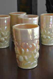 Pc Gibson Yellow Peach Opalescent Carnival Glass Tumblers Glasses
