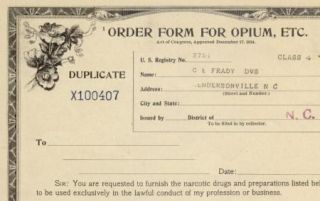 1918 Authentic OPIUM Heroin Narcotic Order Form Hendersonville, North