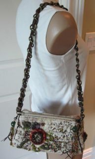 MARY FRANCES SHOULDER BAG W/ BEADING & FABRIC FLOWERS & LEATHER